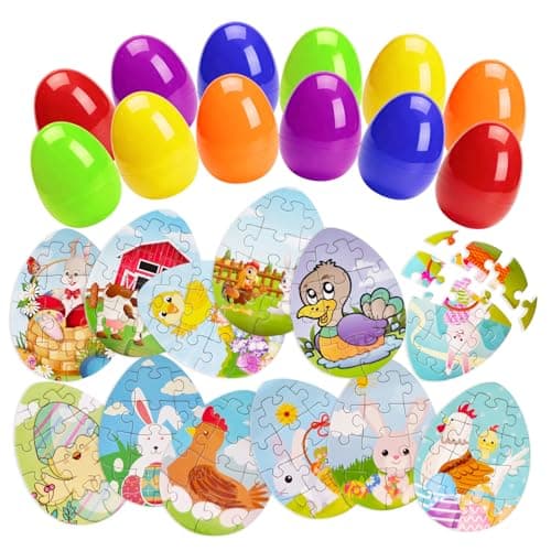 Chris.W Easter Eggs Jigsaw Puzzle Set, 12 Pack Prefilled Plastic Easter Eggs with Mini Puzzles, Egg Hunt Game Toys, Classroom Rewards, Kids Party Favors, Easter Basket Stuffers & Fillers - Image 1