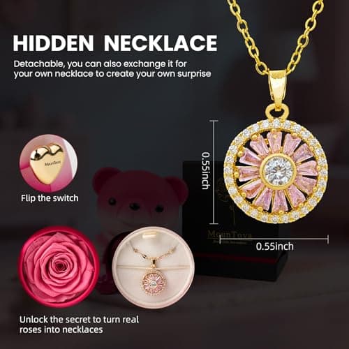 mountova Cute Teddy Bear with Preserved Rose and Necklace, Elegant Bear Roses Gifts with Hidden Jewelry Box for Women, Girlfriend, Wife, Sister, Valentines Day Gift, Forever Eternal Rose Flower Decor - Thumbnail 3