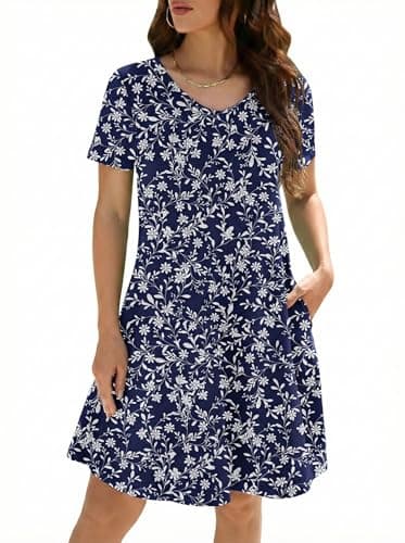 KORSIS Summer Dresses for Women Casual T-Shirt Floral Dress V Neck Swing Flowy Short Sleeve Beach Vacation Sundress with Pockets S - Image 1