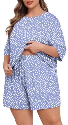 Lastshe Womens Plus Size Pajama Set 2 Piece Soft Short Sleeve with Pockets Shorts Sleepwear Knit Pjs Lounge Set Summer,Spotted Blue,1X - Image 1