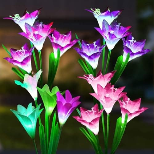 SOLARBABY Solar Lights Outdoor - Lily Flower Solar Garden Lights, 4 Pack Lights Outdoor Waterproof Multicolor Changing LED Flower with Bigger Lily for Patio Yard Pathway Balcony Outdoor Décor