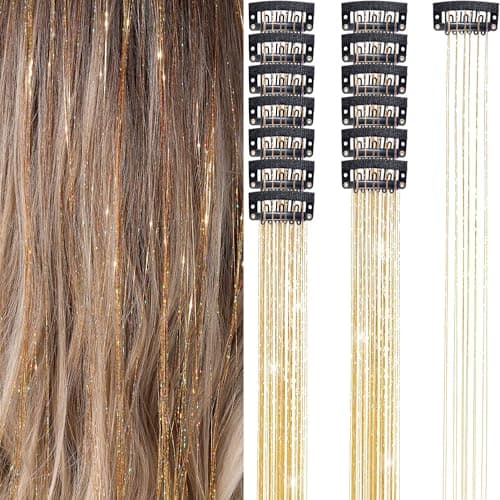 Hair Tinsel 12Pcs Clip in Hair Tinsel Extensions 20.5 Inch Fairy Hair Tinsel Kit for Girls Women Kids Glitter Hair Accessories for Christmas Halloween Cosplay Party (Champagne color) - Image 1