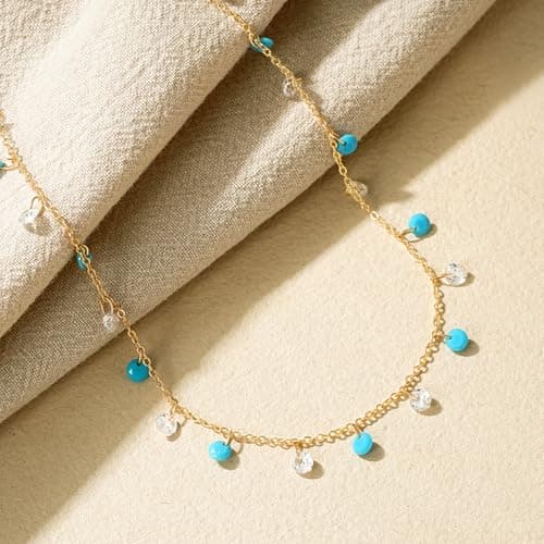 MTMY Gold Station Necklace for Women 14K Gold Plated Cubic Zirconia Cute Cross Heart Shell Teardrop Charm Station Choker Necklace Dainty CZ Chain Necklaces for Women Trendy Jewelry Gifts(Turquoise) - Thumbnail 6