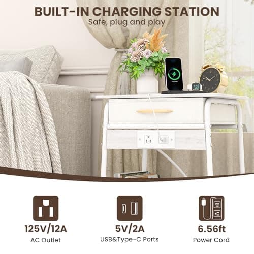Olldide 3-Tier Bedside Table with Charging Station, Modern Nightstand with USB Port & Power Outlet, Square Side Table with Fabric Basket for Bedroom, Living Room (White) - Thumbnail 3