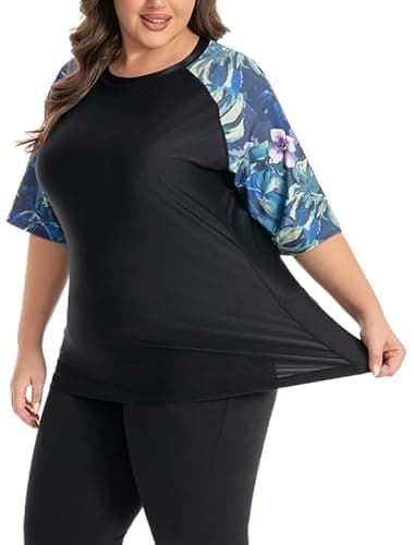 Women's Plus Size Rash Guard Swim Shirt UPF50+ Short Sleeve Sun Protection with Pockets | Tagless, Tummy Control & Mesh Vents (US, Alpha, 4X-Large, Dark Print) - Thumbnail 2