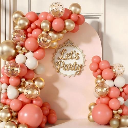 Coral Red White Gold Balloon Garland Arch Kit, 160Pcs Coral Red White Gold Latex Balloons with Confetti Balloons for Mother's Day Wedding Anniversary Birthday Shower Party Decorations