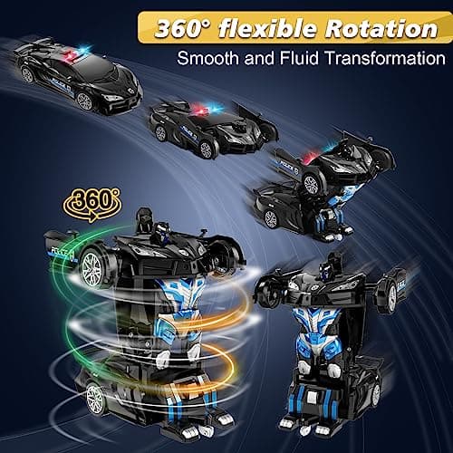 LNNKINE Remote Control Car, Transform Robot RC Cars, 2.4Ghz Transforming Police Car Toy with LED Light, One-Button Deformation and 360° Rotating Drifting, Toys for Boys Age 4-7 8-12 - Thumbnail 4