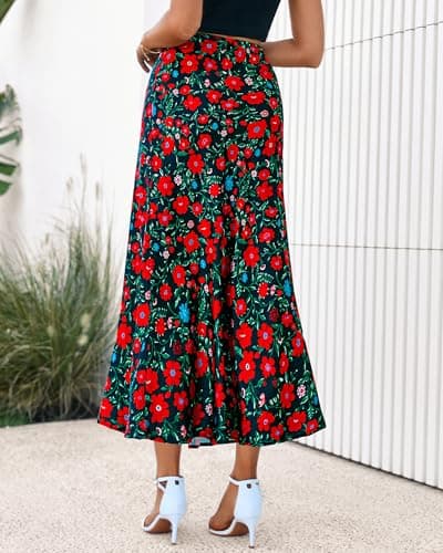 BTFBM Satin Skirts for Women Trendy Summer 2025 High Waisted A-Line Leopard Print Cocktail Wedding Long Silk Midi Skirt(Floral Black Red, Small) - Thumbnail 3