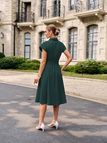 GRACE KARIN Womens Short Sleeve Shirt Dresses 2026 Summer Midi Button Down Dress Work Business Casual Dress with Pockets Dark Geen S - Thumbnail 2