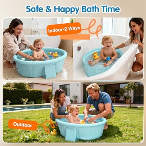 Baby Bathtub with Inflatable Top Edge, Extra Stable Infant Bath Tub, Collapsible & Portable for Baby Bath Time, No Tilt Design for 12M-6Y Newborn, No Assembly for Travel Shower - Thumbnail 5
