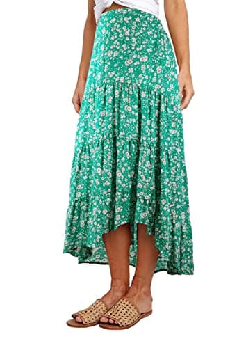 PRETTYGARDEN Ditzy Floral Skirt Midi Boho Elastic High Waist Skirt A-line Long Vintage Skirts for Women Pleated Skirt (Green, Large) - Image 1