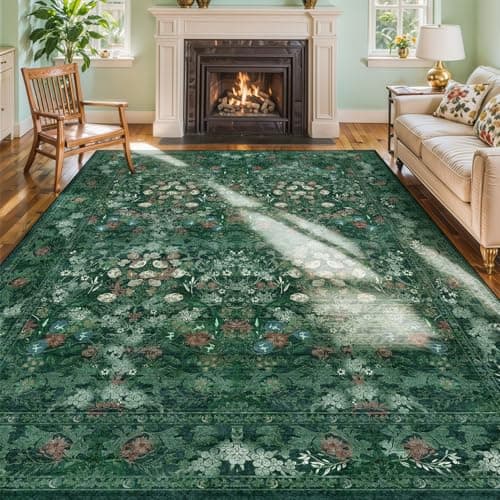 Green Floral 8x10 Living Room Area Rug, Washable Vintage Distressed Rug for Bedroom, Dining Room Under Kitchen Table, Large Low Pile Non Slip Carpet - Soft Boho Botanical Accent Mat