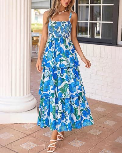 BTFBM Spring Dresses for Women 2026 Floral Spaghetti Strap Wedding Guest Dress Maxi Beach Vacation Clothes(Floral White Blue,Medium) - Thumbnail 2