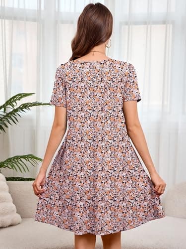 Moodclo Women Casual Summer Dresses Luxuriant Flowers Black X-Large Short Sleeve Loose Tshirt Beach Sundress V Neck Swing Dress with Pockets 2026 Trendy - Thumbnail 4