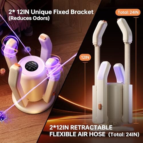 Boot Dryer,Shoe Dryer for Work Boots, 2 * 24“ Retractable Hose with 6 Timers, 4 Tubes Rose Salt Remove Odor, Low-noise Boot Warmer, Suitable for Ski Boots,Shoes,Gloves,Ivory,SH03 - Thumbnail 4