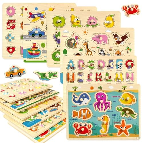 edutree Wooden Peg Puzzles for Toddlers 2-4, 6 Pack Educational Peg Puzzles Montessori Toys, Learning Puzzles for Kids Girs Boys 1-3 3-5 with Alphabet Number Animal Vehicle Shape - Image 1