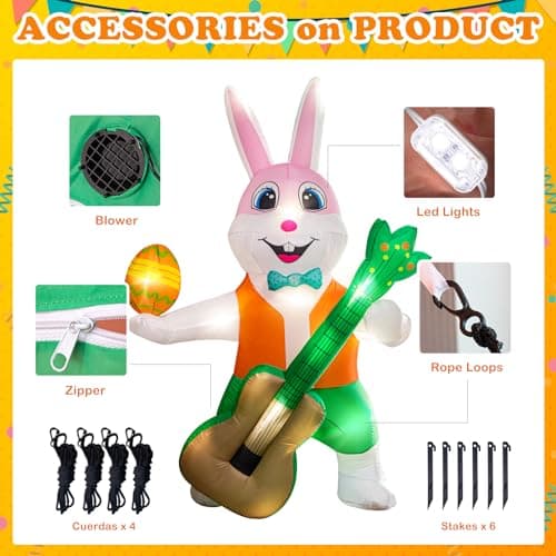6FT Easter Inflatables Yard Decorations,Blow Up Guitar Rabbit with LED Light for Easter Decorations Clearance,Easter Holiday Party Garden Home Indoor Outdoor Lawn Decor - Thumbnail 5