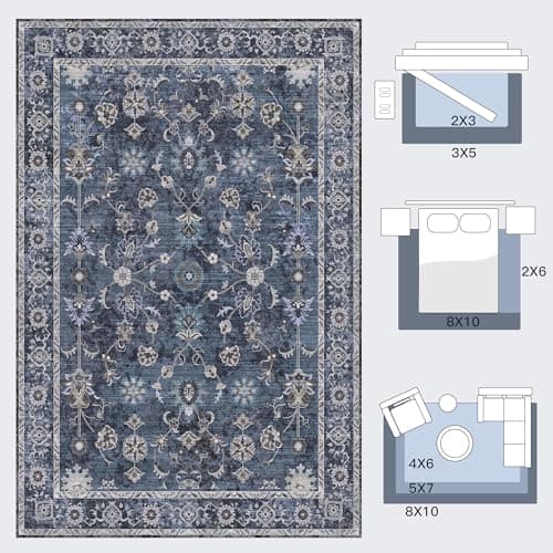 Tangsoo Small Rug 2x3 Throw Rugs for Entryway Washable Entry Rug Non Slip, Vintage Blue Floral Indoor Rugs Distressed Small Carpet Soft Low Pile Boho Door Mat for Entrance Bedroom Kitchen Foyer Decor - Thumbnail 2
