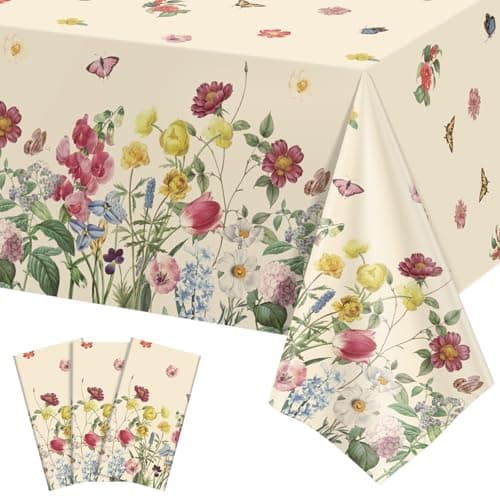 3 Pack Spring Floral Plastic Tablecloths, 54×108Inch Tea Party Tablecloth Rectangle Vintage Table Cloth Butterfly Wildflower Porcelain Table Decor for Easter Mother's Day Birthday Garden Wedding - Image 1