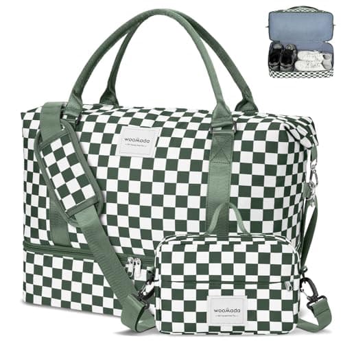 WOOMADA Weekender Overnight Bag for Women, Shoulder Travel Duffel with Shoes Compartment,Gym Bag with Toiletry Bag Large Size(Army Green Checkerboard) - Image 1