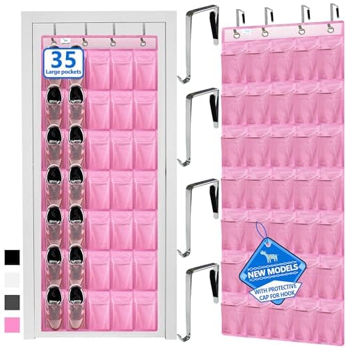 zebricolo over the door shoe organizer,2025 upgraded,35 Huge pockets,over door shoe organizer,Store size 13 shoes,shoe organizer,Strong material,hooks Suitable for various doors,pink shoe rack - Image 1