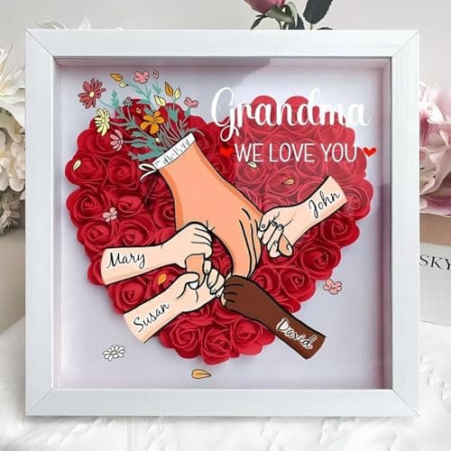 ROSLILY Custom Mom Flower Shadow Box with Kid's Name We Love You Mom Flower Box Picture Frame for Mom Grandma Family Anniversary Birthday (Brown Hand by Hand, 8*8in/20*20cm) - Thumbnail 4