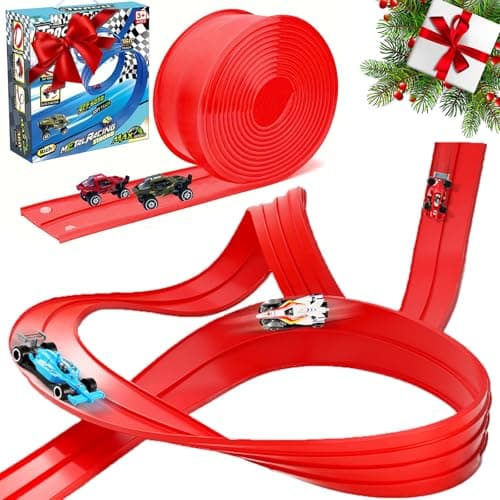 Easter Basket Stuffers for Kids - Flex Tracks 16.4 Ft Starter Set Flexible Race Track for Kids, Race Car Ramp Track Compatible with Hot Wheels and Diecast 1/64th Cars, with Strong Suction Cups (Red) - Image 1