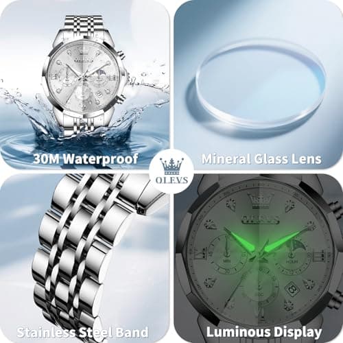 OLEVS Silver Watches for Men Stainless Steel Luxury Mens Silver Watch with Date Large Face Chronograph Dress Waterproof Nice Moon Phase Relojes para Hombres - Thumbnail 5