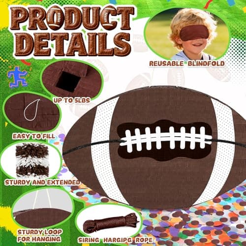 25" Football Pinata for Boy Bithday Party - Includes 24" Bat Stick, Eye Mask, Rope | Large Sports Ball piñatas Decorations Game Day Tailgate Party Supplies Kids - Thumbnail 4