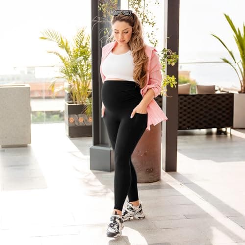 Leafigure Womens Maternity Leggings with Pockets, Pregnancy Buttery Soft Yoga Workout Pants Black Medium - Thumbnail 3