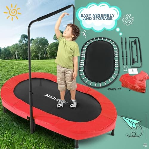 ANCHEER Trampoline for Kids, 56" Double Toddler Trampoline with Adjustable Handlebar, 220LBS Weight Capacity - Indoor/Outdoor Foldable Jumper for 2+ Users (ASTM Certified) - Thumbnail 6