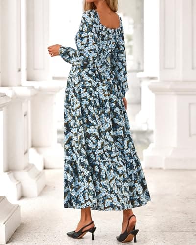BTFBM Long Sleeve Dress for Women 2026 Spring Fall Boho Floral Square Neck Casual Flowy Long Wedding Guest Maxi Dresses(Floral Blue Yellow, Medium) - Thumbnail 3