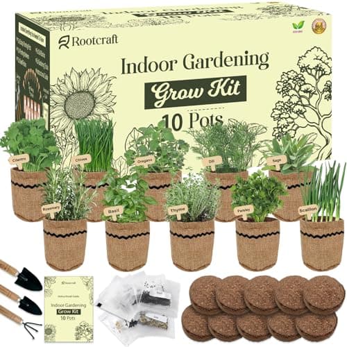 10 Herb Garden Planter Indoor Kit, 44pcs Complete Kitchen Herb Starter Set Including Burlap Pots, Markers, Soil Discs, Gardening Tools, Unique Easter/Birthday/Christmas Gift Ideas for Women, Mom - Image 1