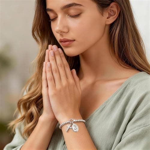 14K Gold Plated Bead Cross Bracelet, Virgin Mary Cross Bracelet for Women, Dainty Stretch Bead Bracelet, Religious Jewelry for Catholic Baptism Confirmation Easter Gifts(Catholic Confirmation-Silver) - Thumbnail 3