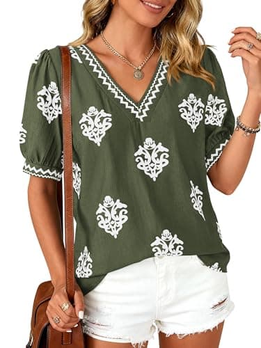 BTFBM Casual Summer Shirts for Women Beach Fashion Going Out Tops Vacation Short Sleeve Floral Boho Blouses Tunics(Army Green White Flower,X-Large) - Image 1