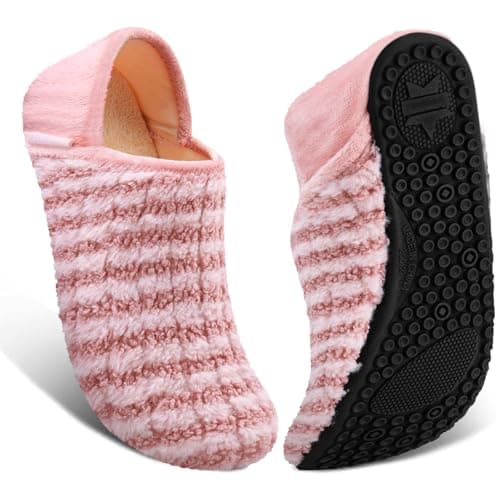 ATHMILE House Slippers for Women Men Indoor Barefoot Slippers Socks Furry Slip on House Shoes Cozy Comfy for Home Bedroom Travel Yoga Women 10.5-11.5 Pink Striped - Image 1