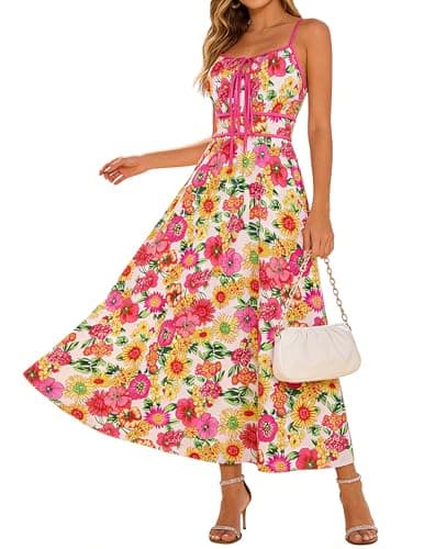 GRACE KARIN 2026 Women's Summer Maxi Dresses, Tie Front Floral Boho Dress, Spaghetti Strap Sundress with Pockets, Pink Yellow L - Image 1