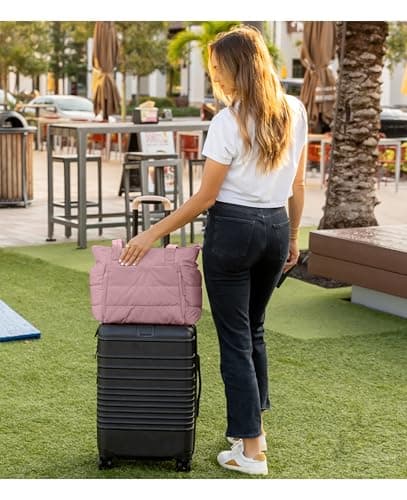 Tote Bag for Women with Zipper, Quilted Puffer Tote Bag with Compartments, Lightweight Puffy Work Bags for Women Travel (Mauve Pink - Thumbnail 2