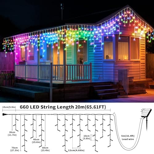 Solar Powered Icicle Lights Outdoor Christmas - 660LED 66+16FT Icicle String Lights with Remote, 8 Modes, Timer,IP65 Waterproof Rechargeable Battery for Porch, Roof, Xmas (Multicolor+Warm White) - Thumbnail 5