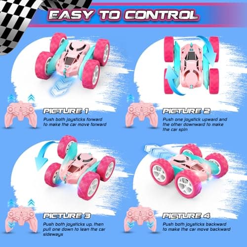 cosone RC Cars, Pink Remote Control Car for Girls, 2.4 GHZ Double Sided RC Stunt Car 360 Rotating Remote Control Cars with Headlights Toys for 6 7 8 9 10 11 12 Girls Birthday Gift - Thumbnail 5