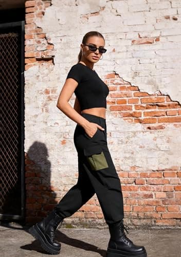 LOOKBOHO Women's Pants Summer 2026 Cargo Contrast Pockets Lightweight Travel Drawstring Casual Joggers Straight Leg Trousers Black Large - Thumbnail 6