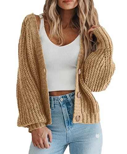 PRETTYGARDEN Women's Long Sleeve Plain Button Down Sweater Classic V-Neck Knit Cardigan Open Loose Outwear Coats (Khaki,Small) - Image 1