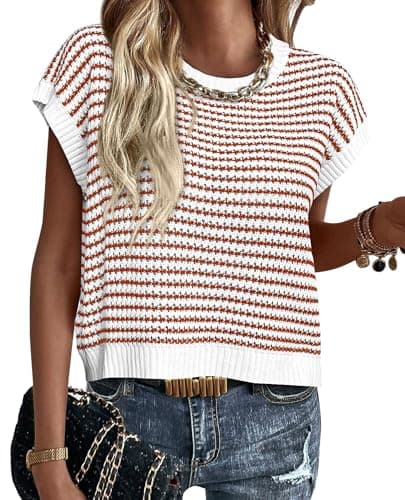 PRETTYGARDEN Womens Short Sleeve Sweater Spring Summer 2026 Round Neck Striped Pullover Cap Sleeve Knit Sweater Vest Tops(Striped White Red,Medium) - Image 1