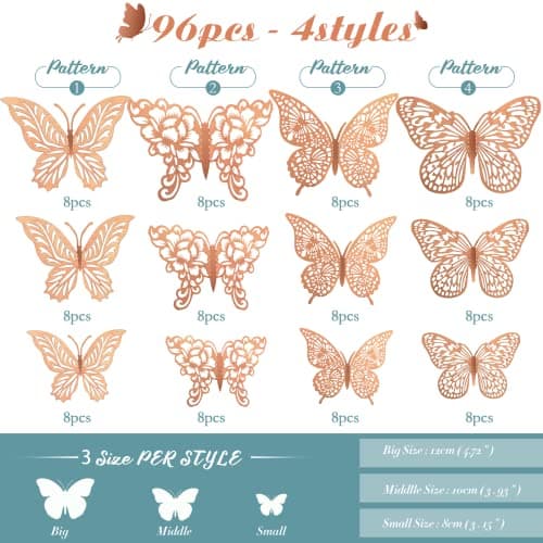 3D Gold Butterfly Wall Decor 3 Sizes 4 Styles Butterfly Party Decorations Cake Decorations Removable Stickers Wall Decor Room Mural Metallic Kids (Rose Gold, 96Pcs) - Thumbnail 2