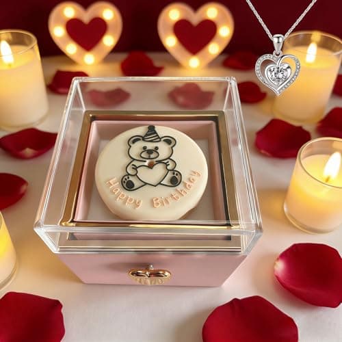 Surprise Rotating Jewelry Ring Box with S925 Necklace Silver Pendant with White Zirconia, Little Bear Cake Flip Birthday Proposal Engagement Wedding Ring Jewelry Box (Pink Ring Boxes+Necklace) - Image 1