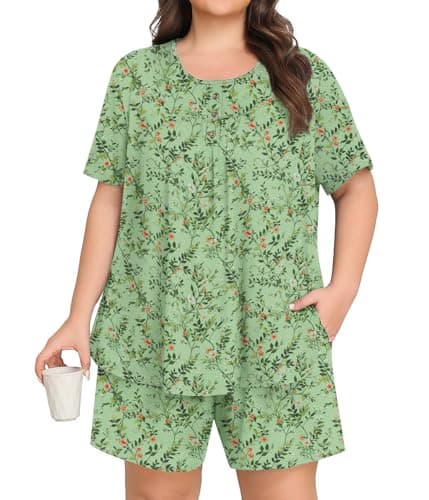 Lastshe Plus Size Pajama Set for Women Summer Short Sleeve Shorts Henley Neck Ladies Pjs 2 Piece Printed Loungewear Sleepwear,Green White Flower-2X - Image 1