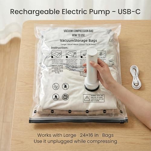 Yobobo Vacuum Seal Bags for Clothing: 9 Pack Large Travel Vacuum Bags for Luggage with Rechargeable Electric Pump - Space Saver for Carry-On Packing - Thumbnail 4