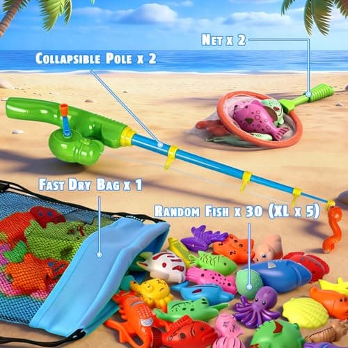 CozyBomB™ Magnetic Fishing Toys Game Set for Kids | Water Table Bathtub Kiddie Pool Party Pole Rod Net, Outdoor Plastic Floating Fish, Toddler Bath Color Ocean Sea Animals Birthday Gift Age 3-5 6 4-8 - Thumbnail 2
