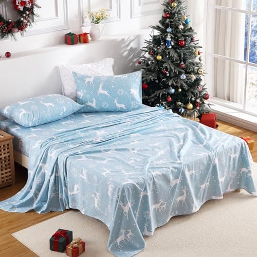 CAROMIO Christmas Sheets Full, Soft Brushed Microfiber Bed Sheet Set, 16 Inches Deep Pocket Fitted Sheet Winter Holiday Sheets Set (Blue, Full) - Thumbnail 6