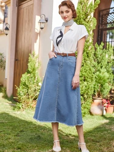 Belle Poque Light Blue Lightweight Denim Jean Skirt for Women Vintage Vintage Elastic High Waist A-Line Midi Skirts L - Thumbnail 3